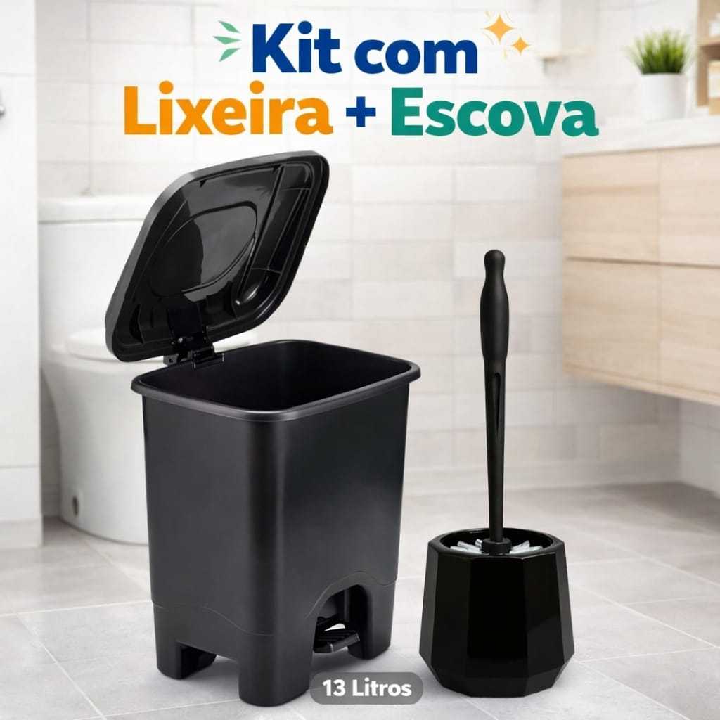 Kit Com 1 Lixeira Quadrada 13 Litros Preta Com Tampa Pedal + 1 Escova Sanitaria Com Cerdas Circulares Suporte Evita Odor