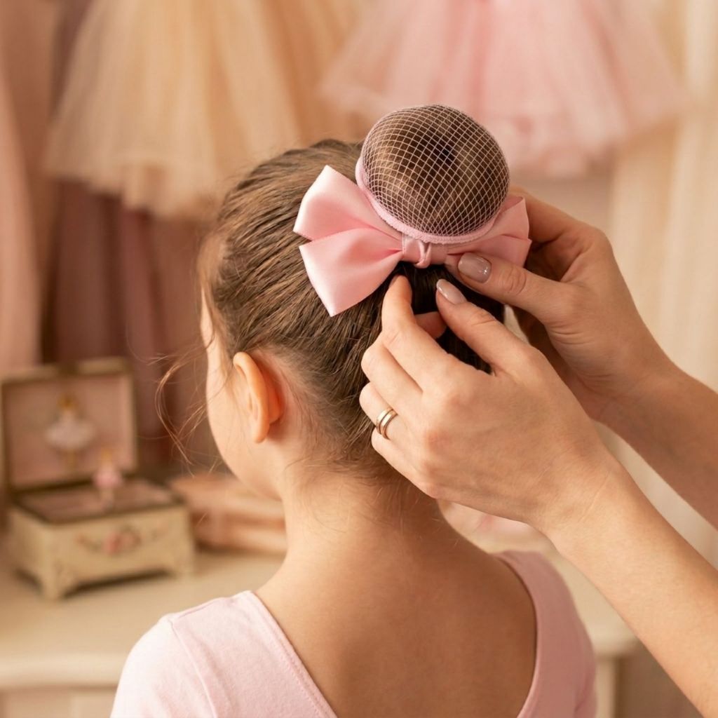 Laço do Coque Bailarina com redinha de coque Ballet Enfeite Cabelo de Bailarina