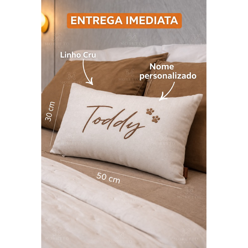 Almofada com Enchimento Bordada Personalizada Nome Baguete 50x30 Linho Pet