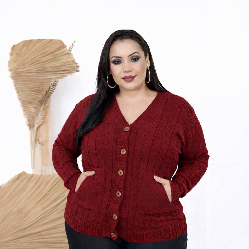 Casaco Tricot Lã Plus Size Bolso e Botões Trabalhado Suéter Feminino Casaco de Tricô Cardigan