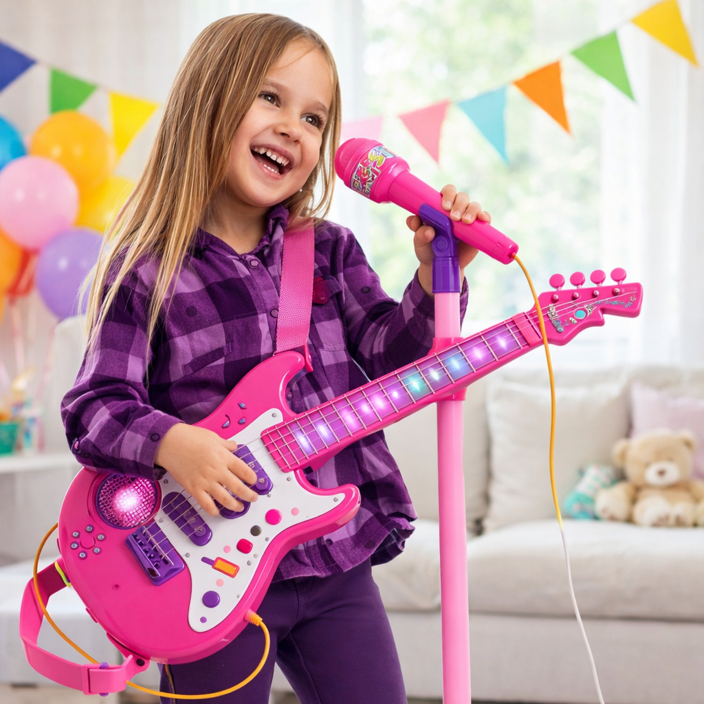 Guitarra Infantil Com Microfone Conecta No Celular Luz Som