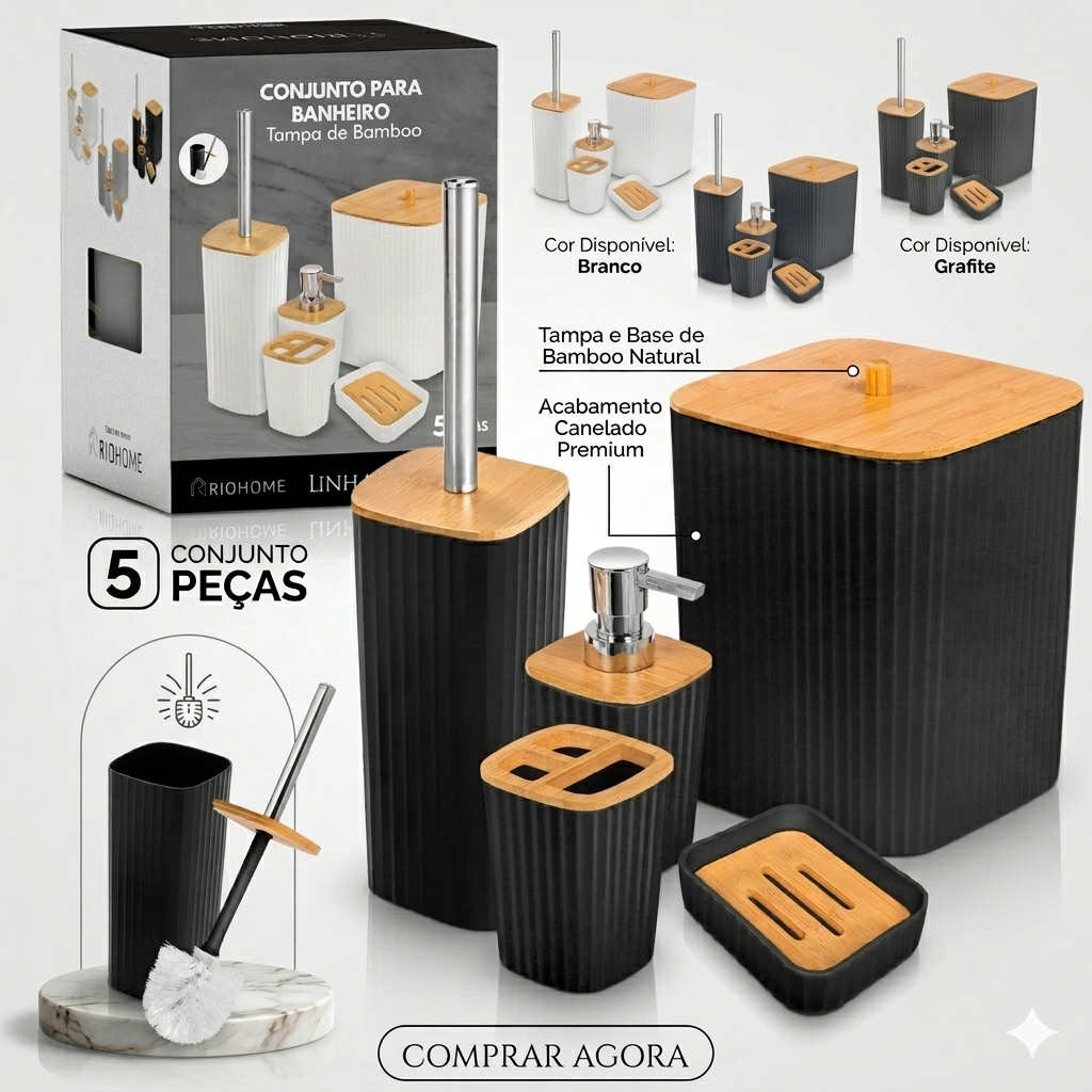 Kit Banheiro Conjunto Acessórios Lavabo Luxo 5 Peças Bambu