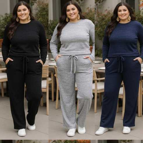 Conjunto Plus  Calça Pantalona com bolso e Blusa Manga Longa Tecido Lanzinha ribi