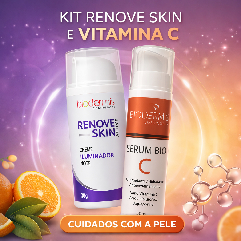 Kit Facial Biodermis Sérum Nano Vitamina C 50ml e Creme Noturno Renove Skin 30g Iluminador Antimanchas