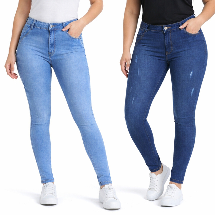 Kit 2 Calça Feminina Jeans Skinny Cintura Alta Bolso Faca Detalhes Levanta Bumbum