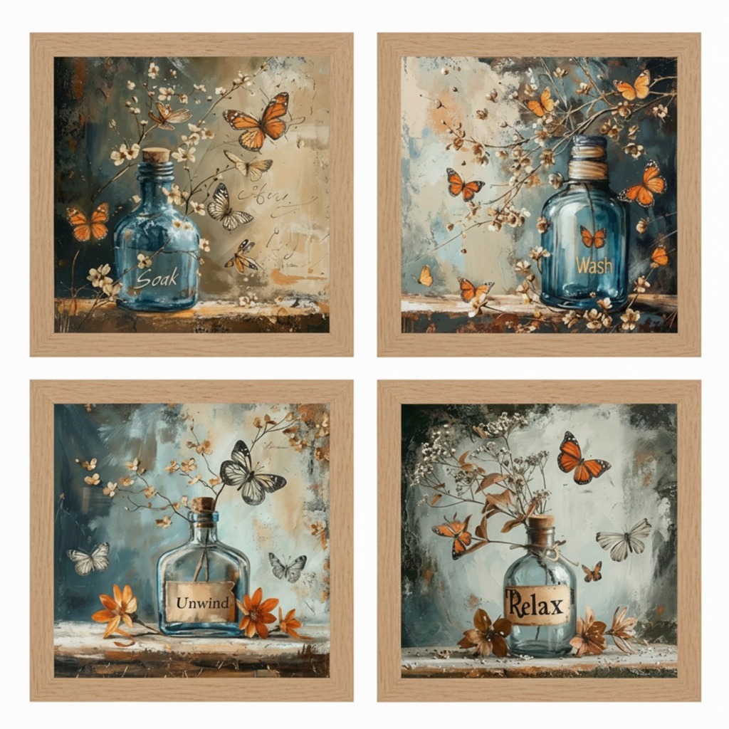 kit 4 quadros com moldura e vidro, flores, vasos, borboletas, banheiro, lavabo, toalete, arte em Oferta na Shopee