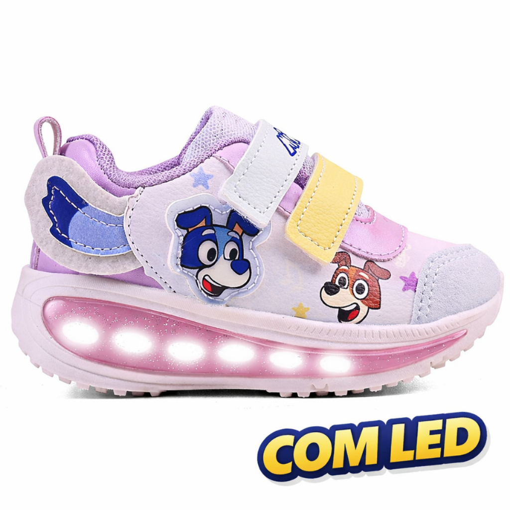 Tênis Infantil Cachorrinho Feminino Menina com LED Rosa Velcro Leve Confortável Antiderrapante