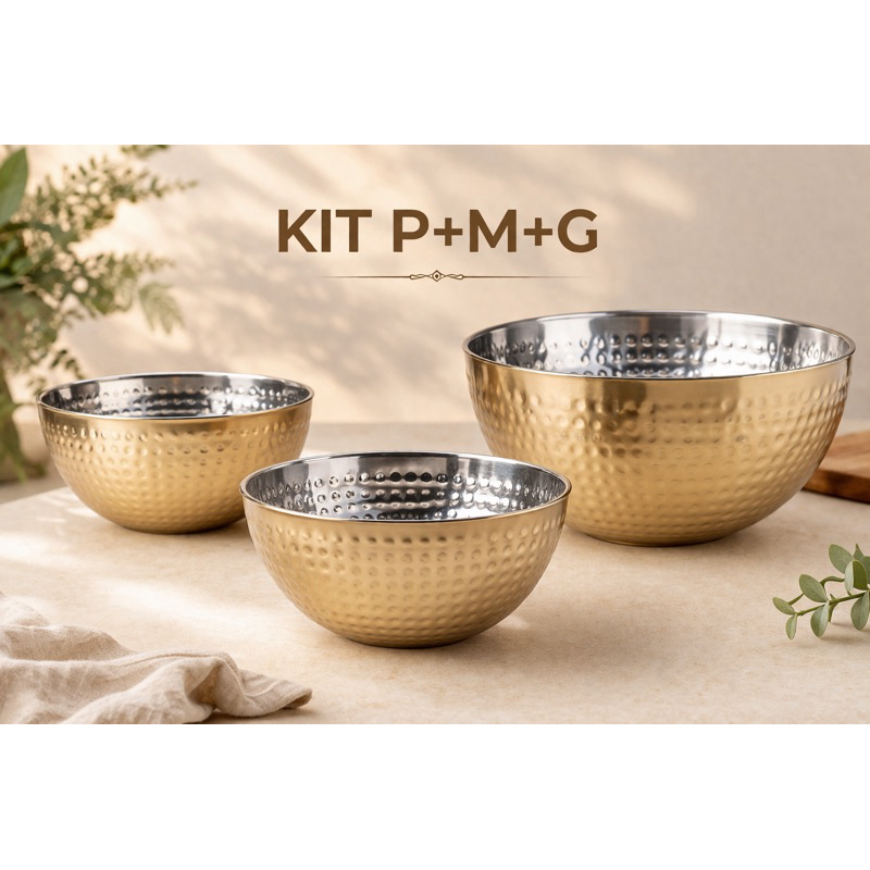 1|2|3 Saladeiras Inox Marteladas P M G 3,9L Dourado e Prata Elegante