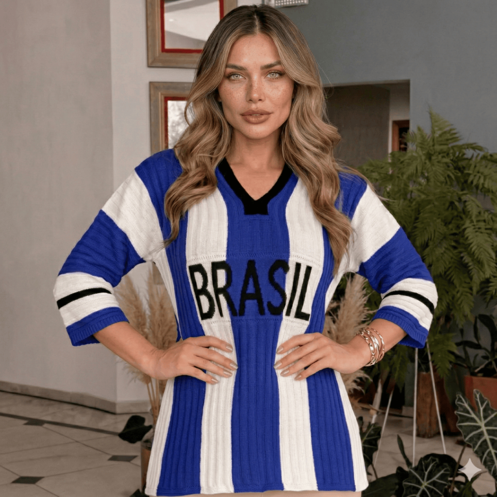 Blusa Feminina Brasil Camiseta de Tricot Copa do Mundo 2026 Decote V  Blusinha Verde e Amarela