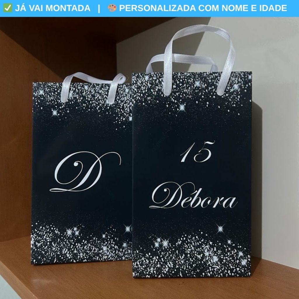 Sacolinha Personalizada Surpresa XV Anos 15 Anos Preto e Branco Lembrancinha Aniversário Debutante
