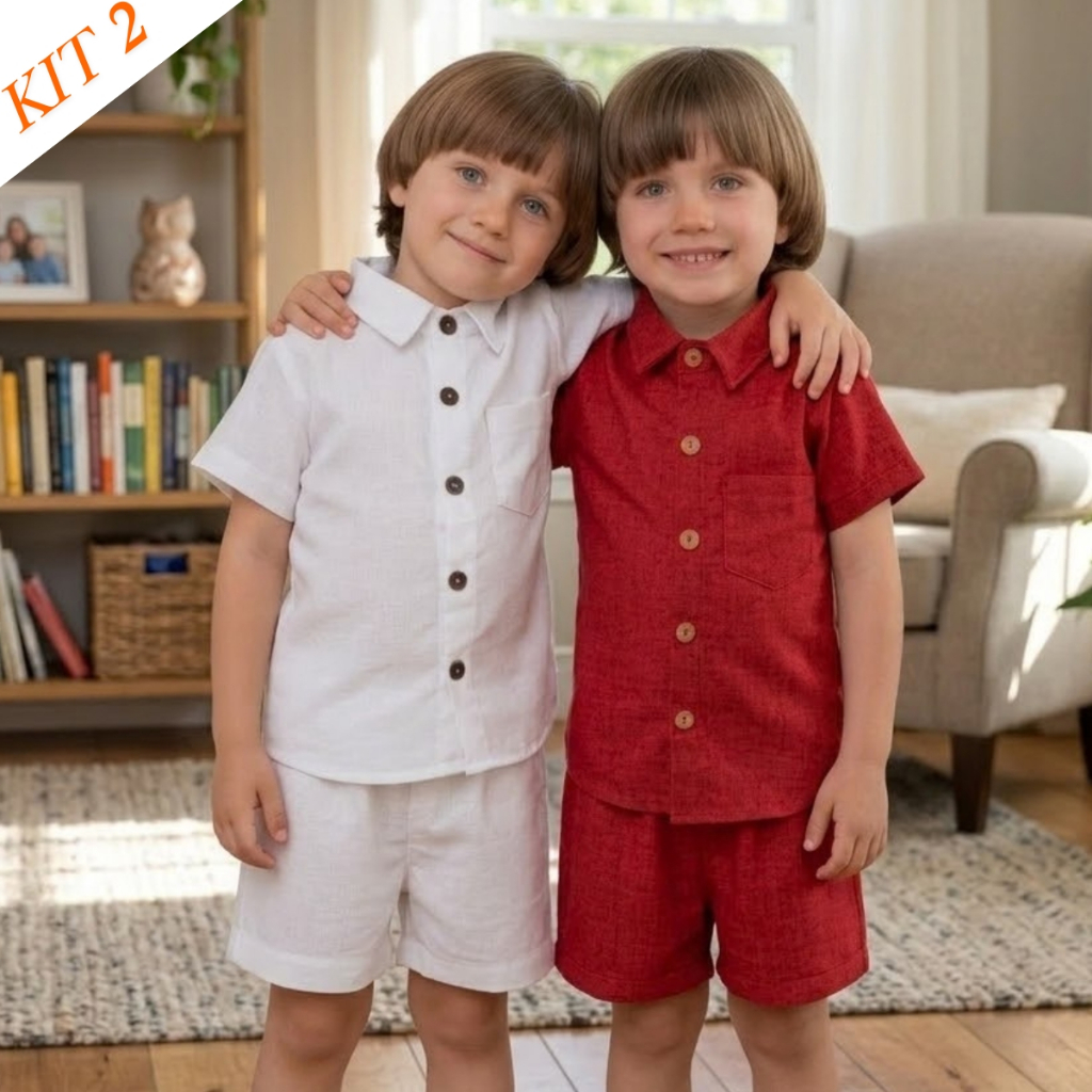 Kit 2 Conjunto Infantil Menino Linho Algodão Camisa Short 1 a 6 Anos Roupa Social Verão
