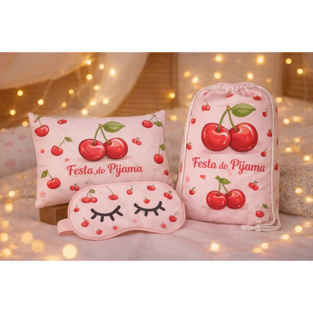 6 kit festa do pijama personalizado laço cereja estrela unicornio helo kitty mascara de dormir venda tapa olho almofada