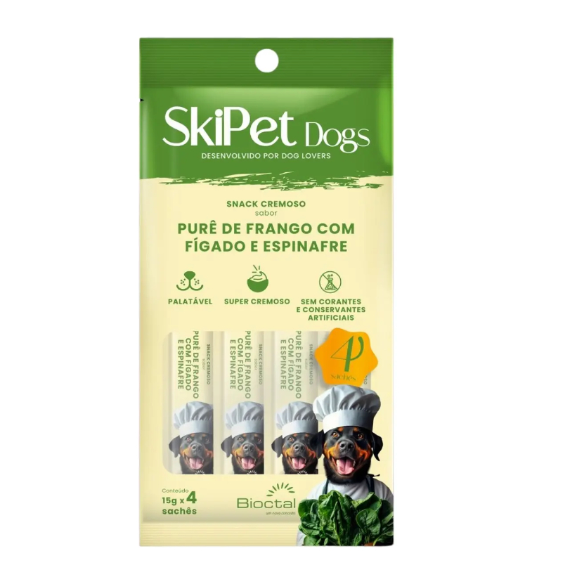 Skipet Dogs Purê De Frango Com Fígado Espinafre CX 12 pct com 4x Sache 15g