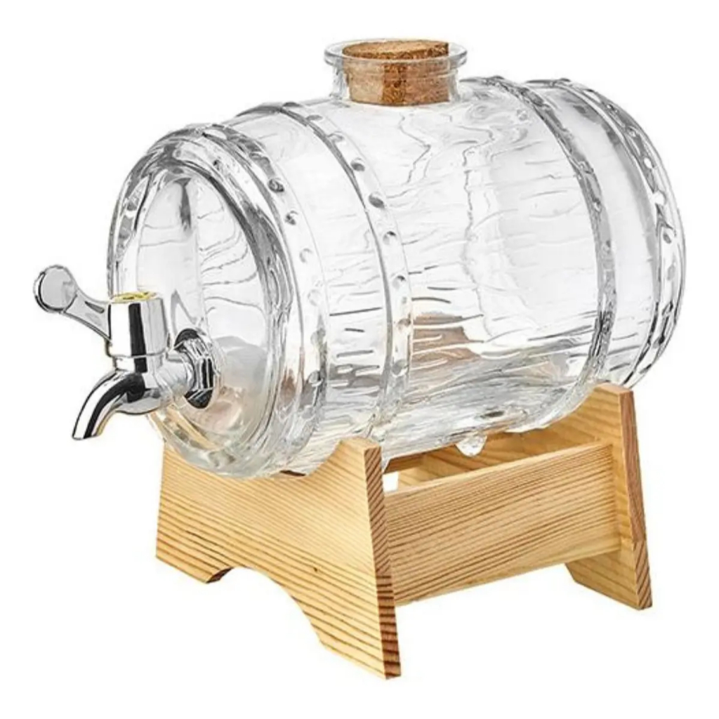 Barril de Vidro 1L Com Torneira e Suporte Madeira Cachaça Whisky Hauskraft
