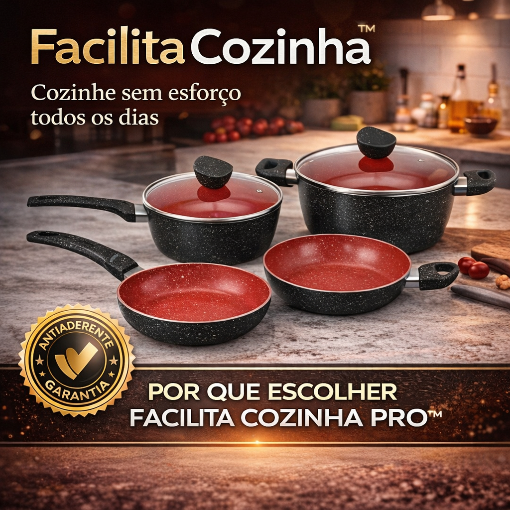 Kit Panelas Antiaderente 4 Peças Tampa de Vidro Facilita Cozinha Pro™ Não Gruda Fácil Limpeza Cozinha Completa