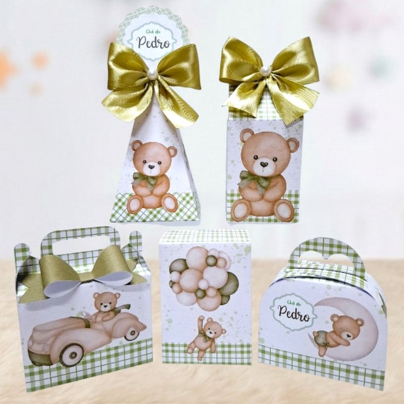 Kit Caixas Personalizados Chá Revelação Ursinho Verde - Festa - Mimos - Aniversário (PEGUE E MONTE ou MONTADO)