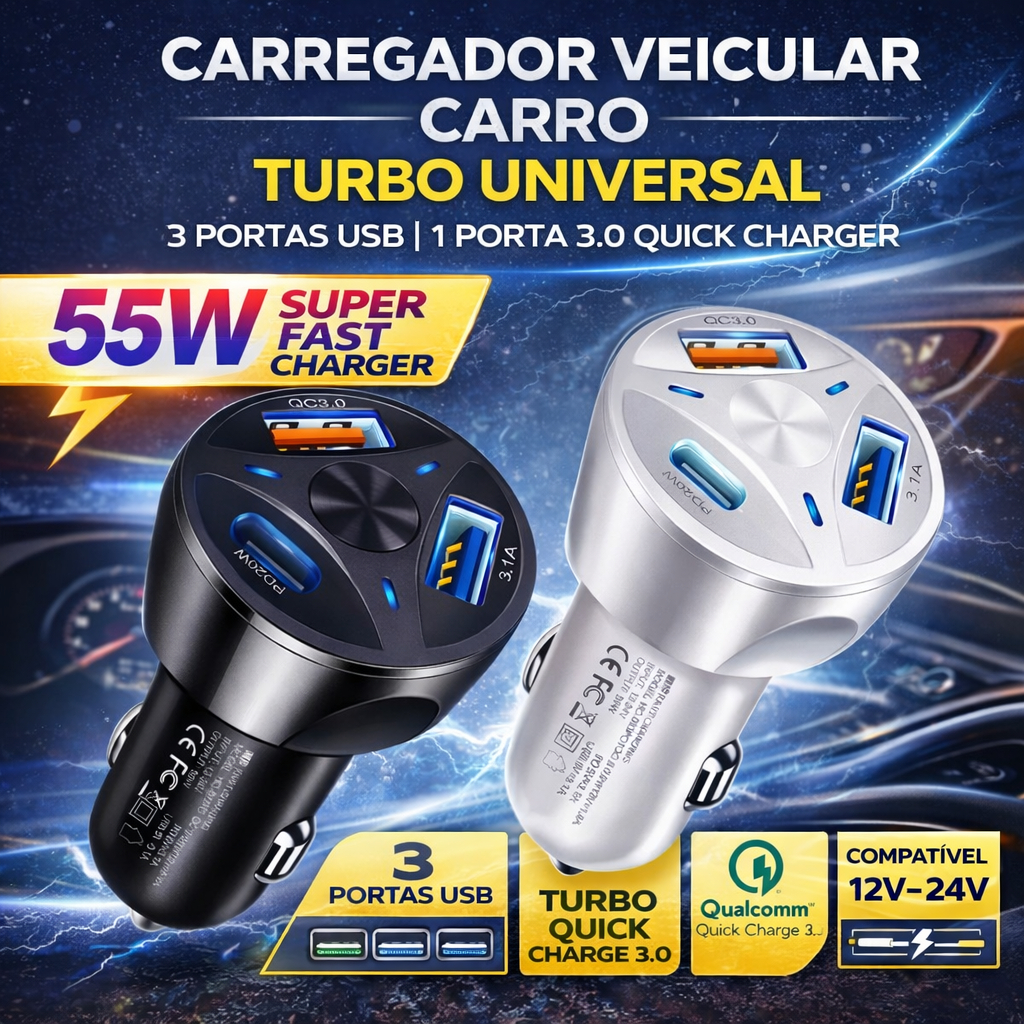 Carregador Veicular Carro Turbo Universal 3 Portas Usb 1 Porta 3.0 Quick Charger
