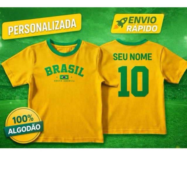 Camiseta Estilo Torcida Personalizada Unissex Verde Amarelo 100% Algodão Envio Imediato