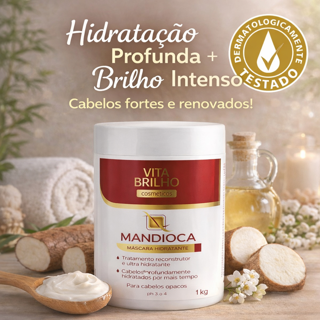 Máscara Mandioca Vita Brilho 1kg Hidratação Profunda Reconstrução Brilho Cabelos Danificados