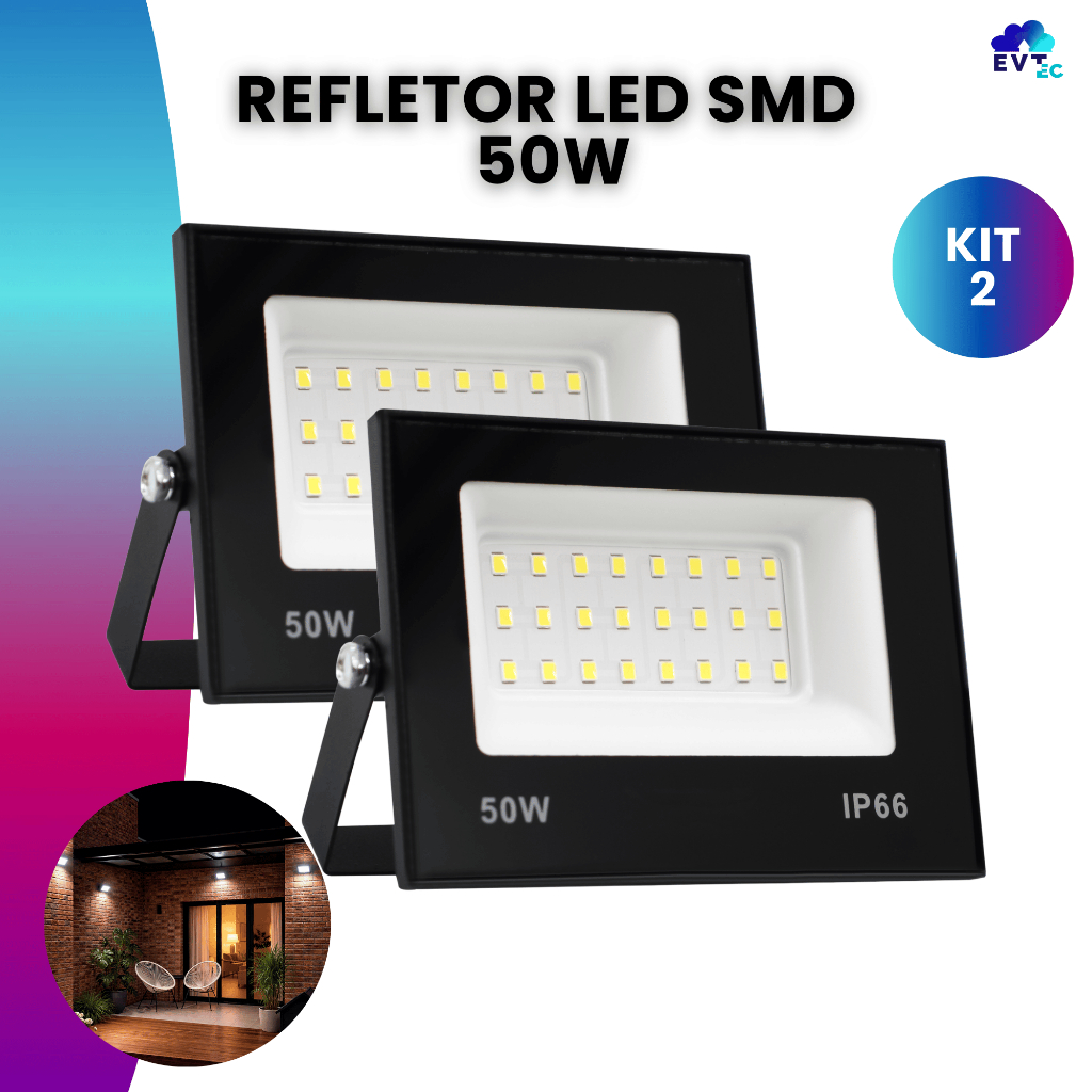 Kit 2 Refletor Led 50w Holofote Bivolt Prova D'água Luz Frio
