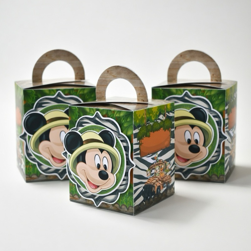 Kit Caixa Alça Maletinha  Safari do Mickey Luxo (10, 20 ou 30 un)  Personalizada Nome - Papel Fotográfico Brilho