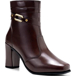 Bota Feminina Lumiss Cano Curto Salto Alto Bloco Bico Quadrado Passante Fivela Metálica