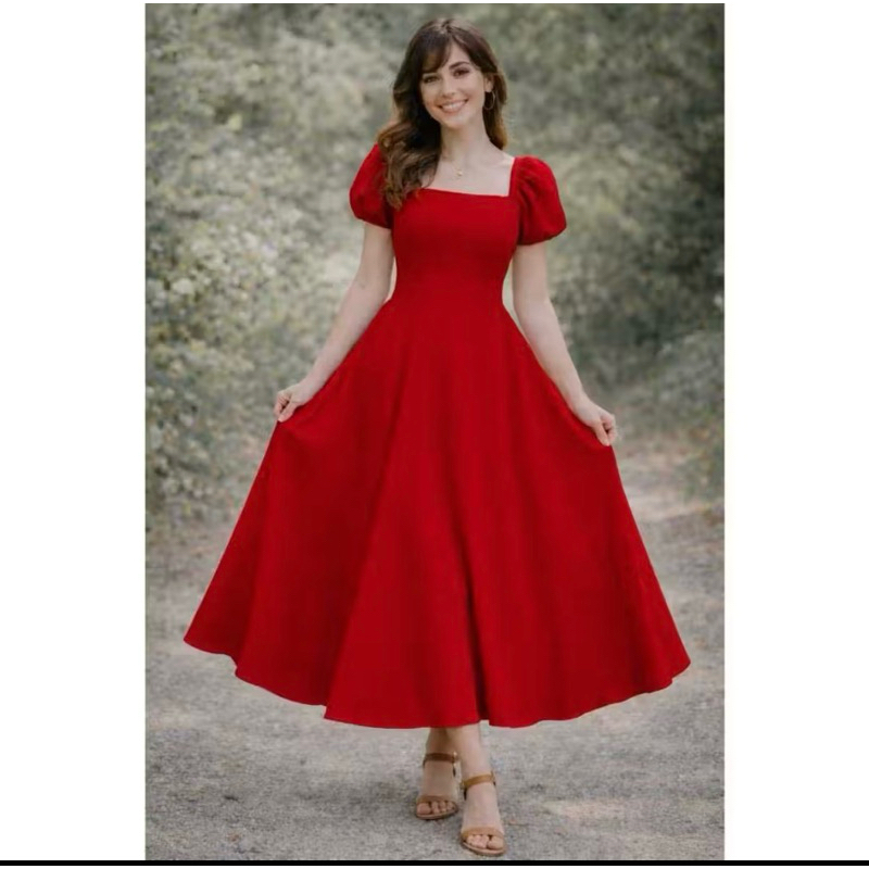 Vestido Midi Feminino Decote Quadrado Manga Princesa Bufante Estilo Vintage Romântico
