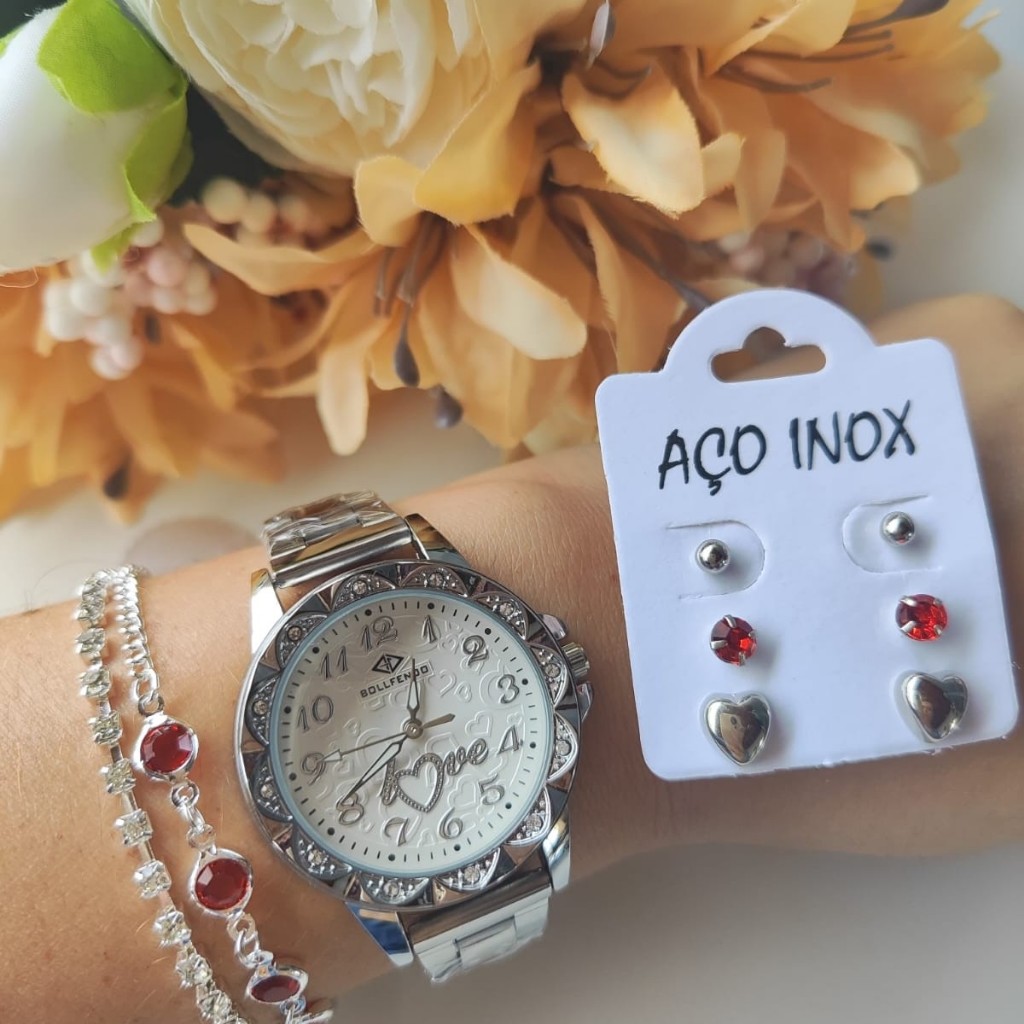 Relógio Feminino Prata Relógio De Banda De Aço Relógio De Quartzo Bollfendo Prova D'agua Relógio De Mulher Presentes