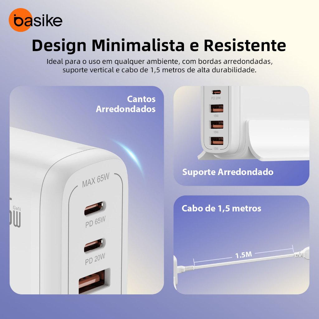 Carregador de Mesa Basike GaN 65W Turbo 5 em 1 com 3 USB — foto 3