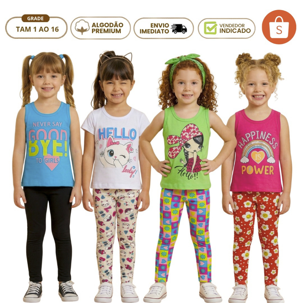 Kit 4 Peças Conjunto Infantil Menina Verão Juvenil 2 Legging Legue 2 Camiseta Manga Curta Algodão 1 ao 16