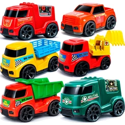 Kit 6 Caminhões de Brinquedo Bombeiro Resgate Militar Caçamba Escavadeira Carroceria Carrinhos