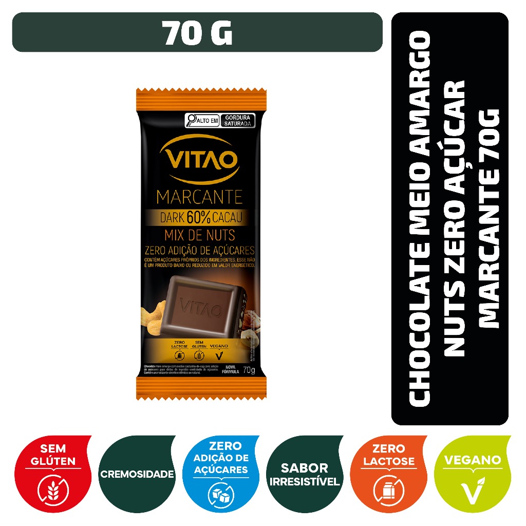 Chocolate Meio Amargo Nuts Zero Açúcar Marcante 70 g