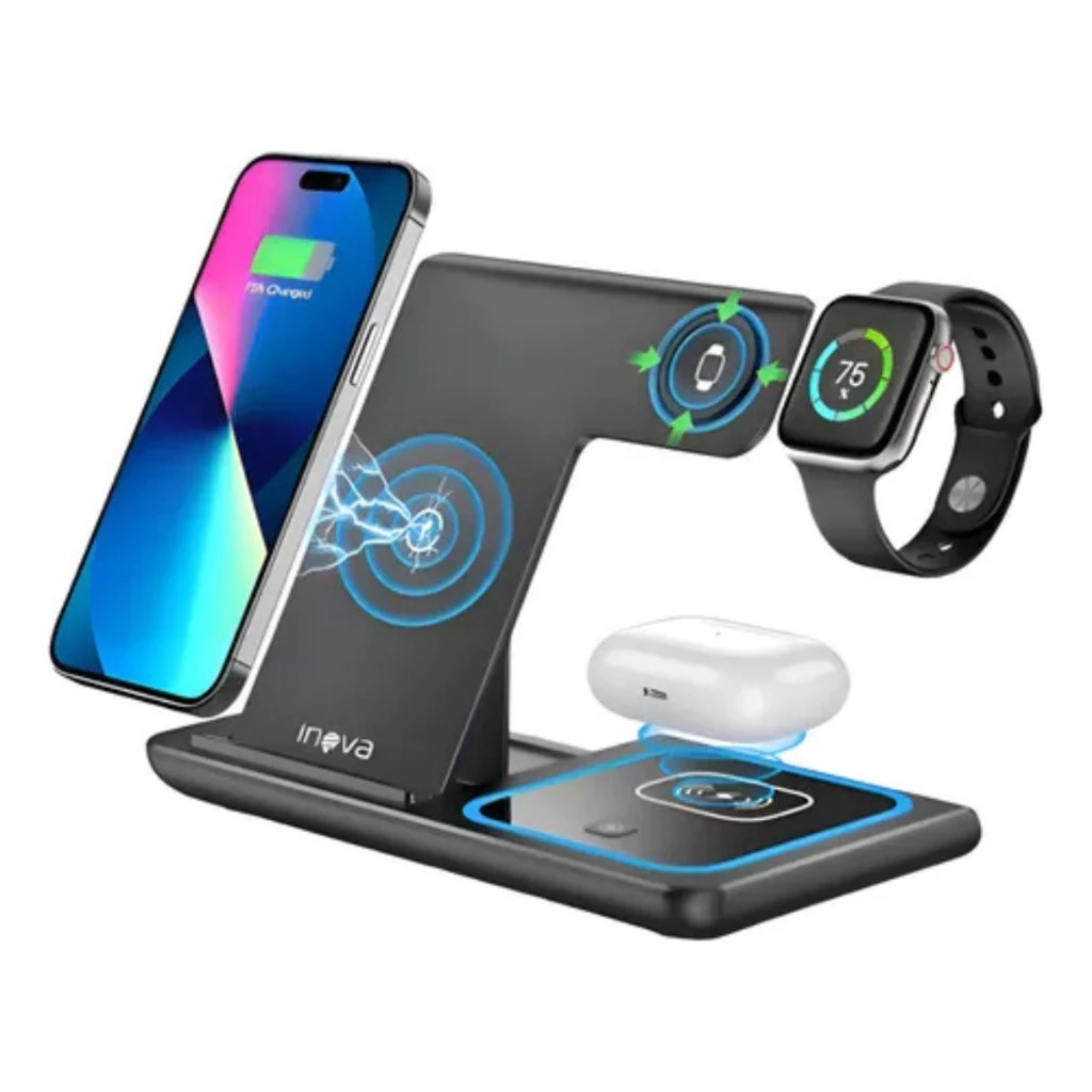 Suporte Magnético 3 em 1 Sem Fio, Carregador Rápido para iPhone, Apple Watch e AirPods Base Luzes