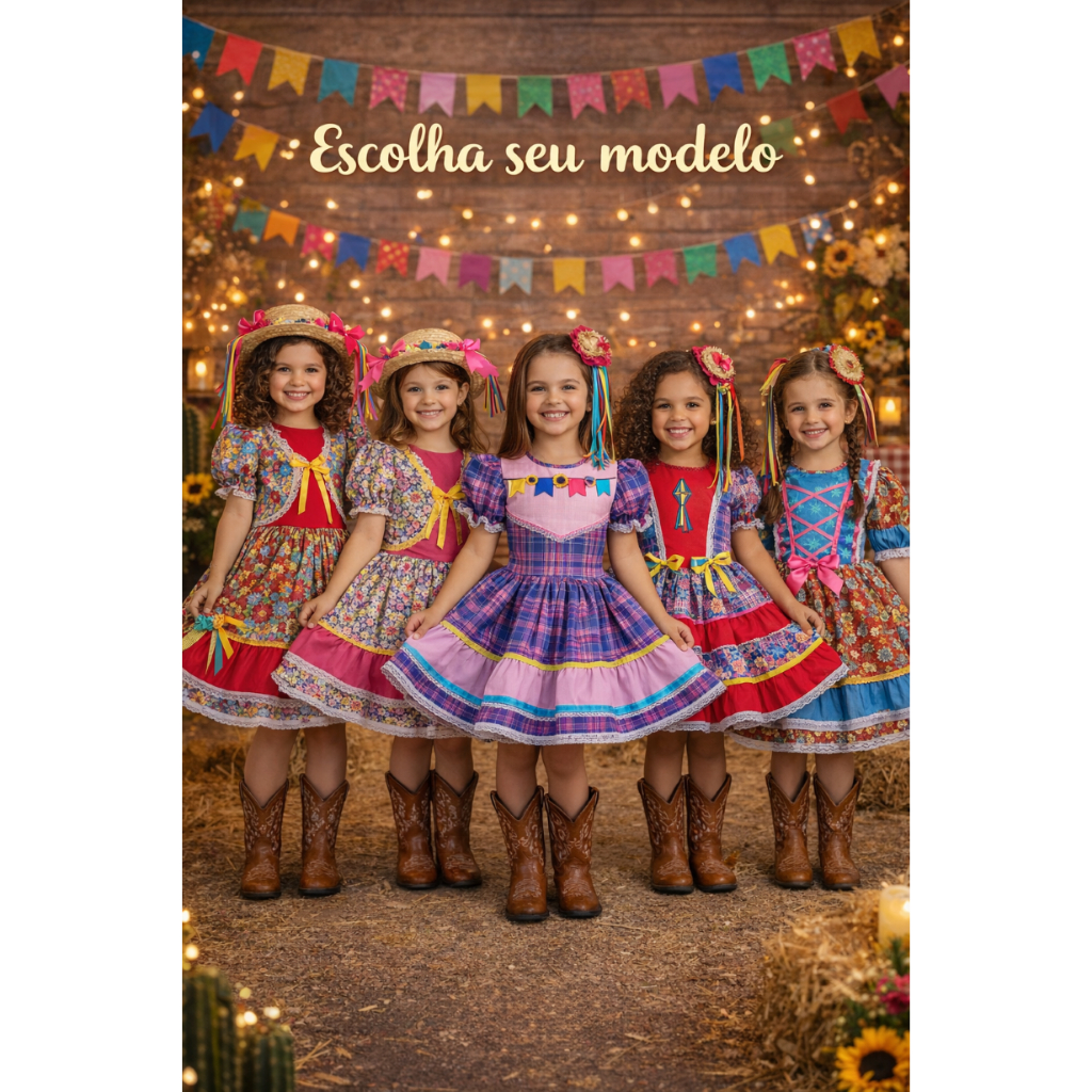 Vestido Festa Junina Infantil Luxo Caipira Xadrez Laço Flor Rodado Colorido 4 ao 12