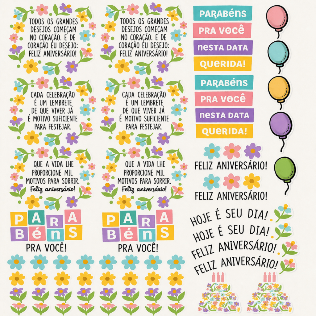 Cartela de Adesivos para Aniversário DTF UV A4 ENVIO IMEDIATO