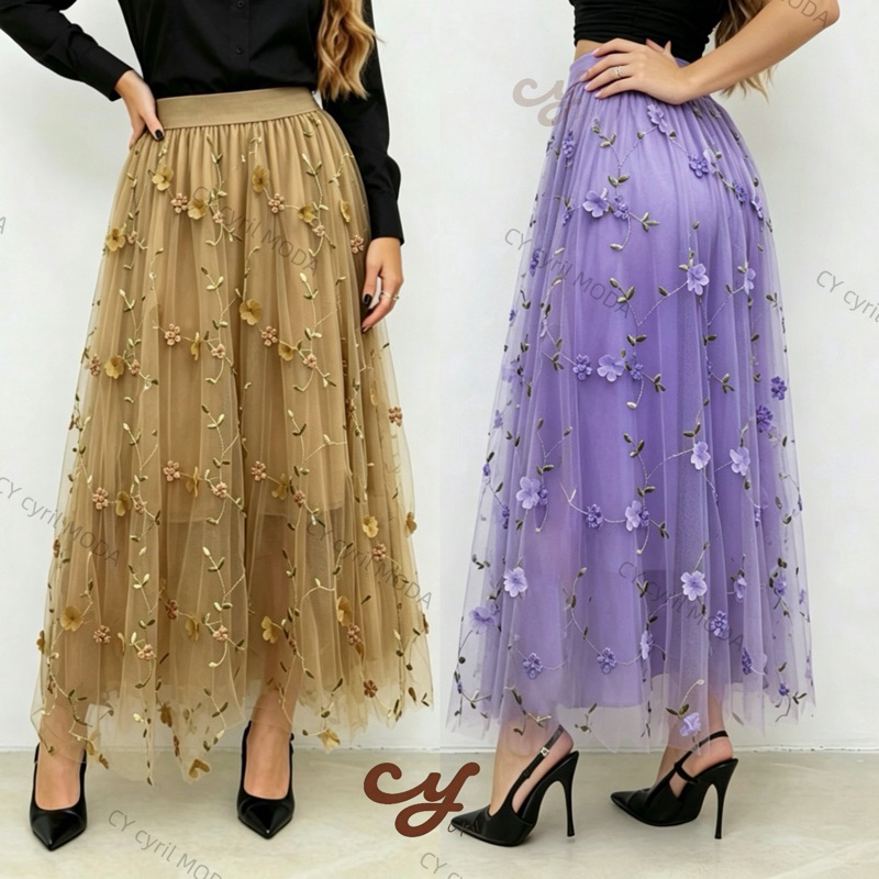 Saia Midi Longa de Tule Plissada bordada com flores 3D–Saia bordada em relevo – Novo modelo---festa Modas