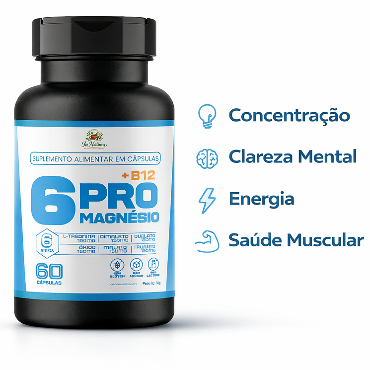 1 Un - 6 Pro Magnésio - 60 Cápsulas - Muscular, Clareza Mental, Energia. Envio Imediato.