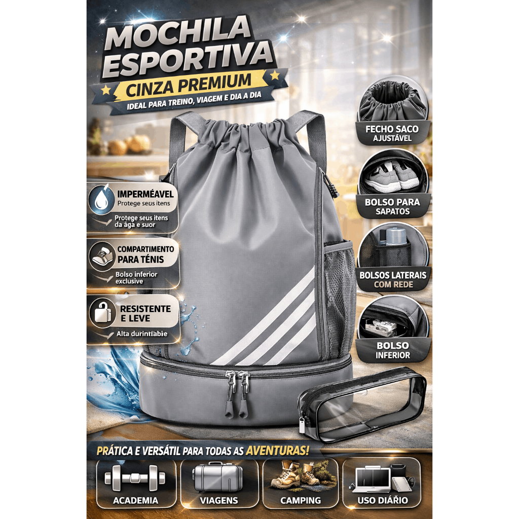Mochila Esportiva Impermeável Grande Academia Viagem Masculina Compartimento Tênis e Bolsa