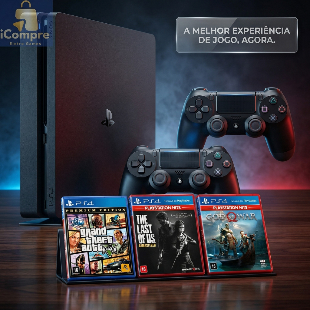 Imagem Playstation 4 Completo Ps4 Play Slim Semi Novo 1TB + 2 Controles Originais + GTA V - Videogame Usado