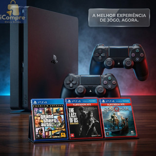 Playstation 4 Completo Ps4 Play Slim Semi Novo 1TB + 2 Controles Originais + GTA V - Videogame Usado