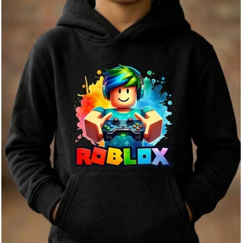 Moletom Infantil Algodão Flanelado Estampa Roblox Quentinho Touca Bolso Canguru