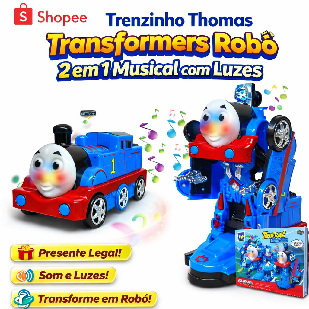Trem Thomas Transformers Robô Trenzinho de Brinquedos 2 Em 1 Musical Com Luzes Bate E Volta