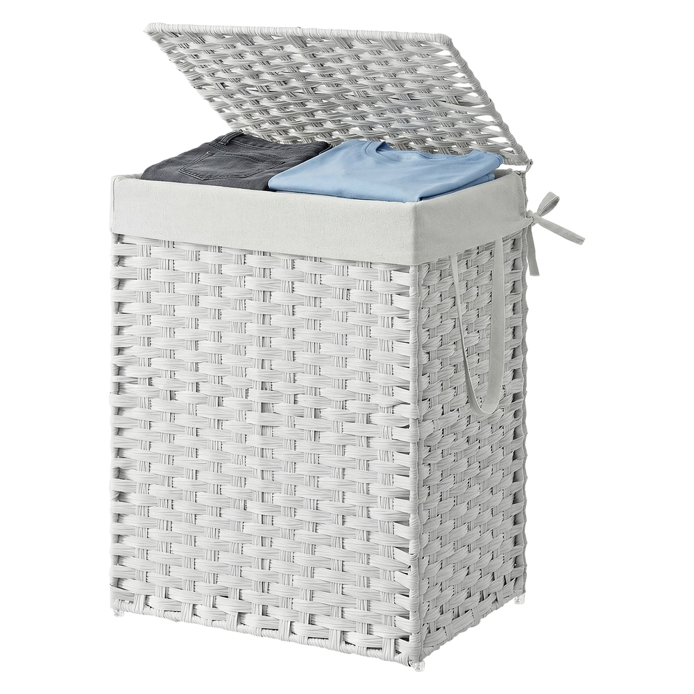 Imagem SONGMICS Cesto de Roupa 90 L Dobrável de Rattan Sintético com Tampa e Alças, Forros Removíveis, para Lavanderia, Branco
