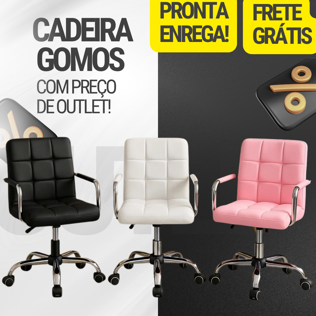 Cadeira de Escritório Giratória Para Estudo Estofada Gomos Cromada Regulagem 3 Alturas Ergonômica