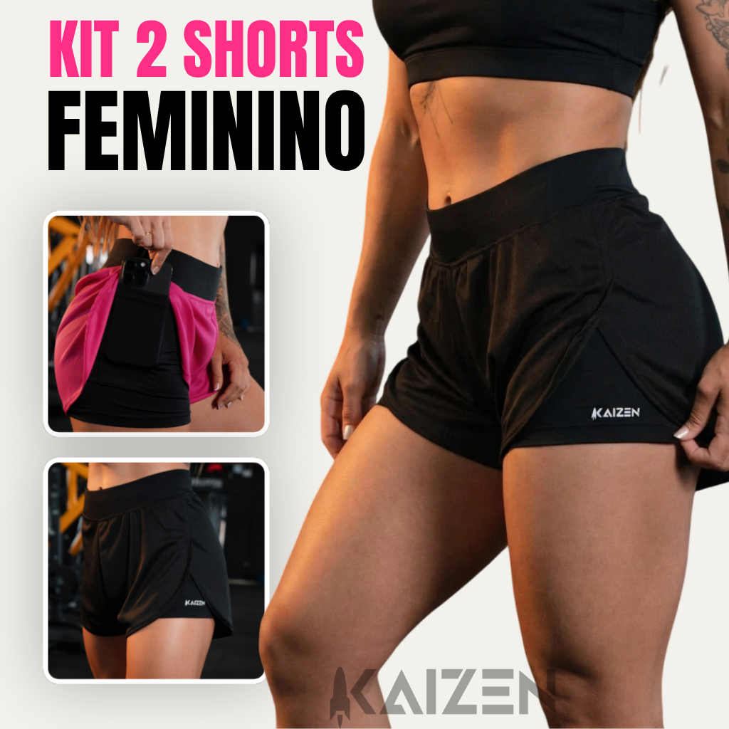 KIT COM 2 SHORTS FEMININO 2 EM 1 DRYFIT C/ PORTA CELULAR PARA ACADAMIA KAIZEN