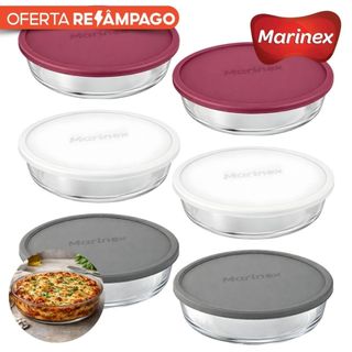 Kit Jogo c/ 6 Forma Assadeira Redonda 2,4L Vidro com Tampa Sortidas Marinex Forno Pudim Bolo