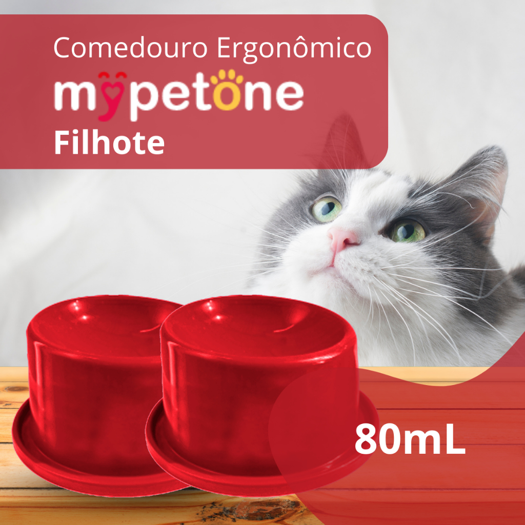 2 Comedouro Gato Filhote Ergonômico 80ml Mypetone Vermelho
