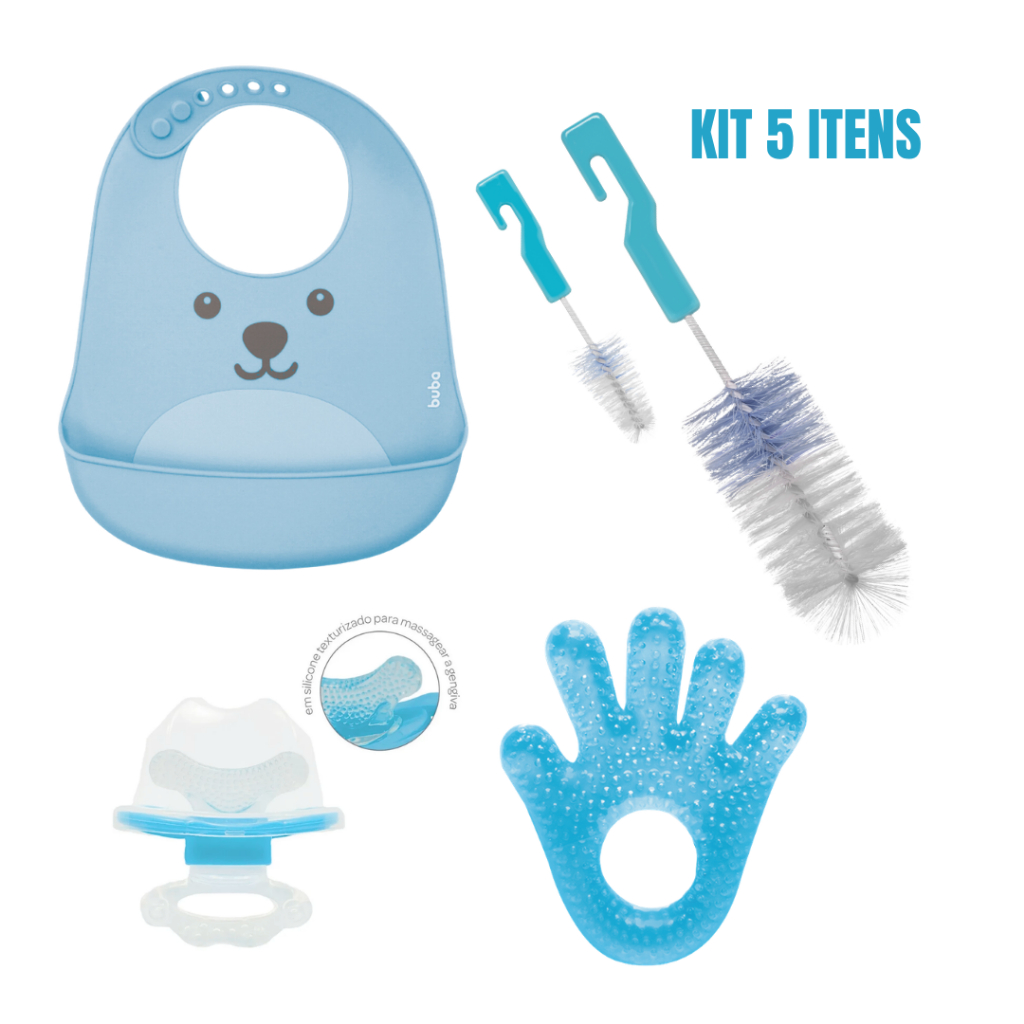 Kit Bebê Completo Menino Alimentação Higiene Mordedor Babador Escova de Mamadeira Azul