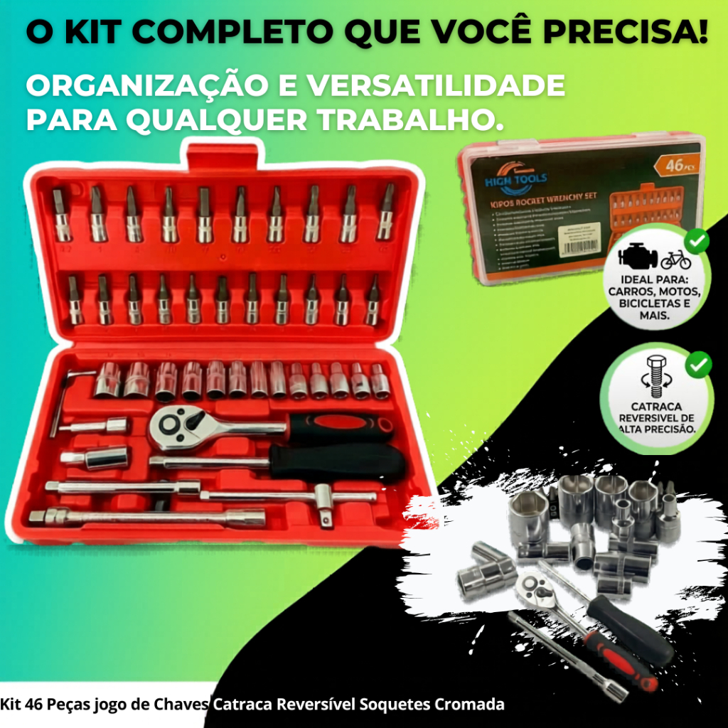 Kit 46 Peças jogo de Chaves Catraca Reversível Soquetes Cromada