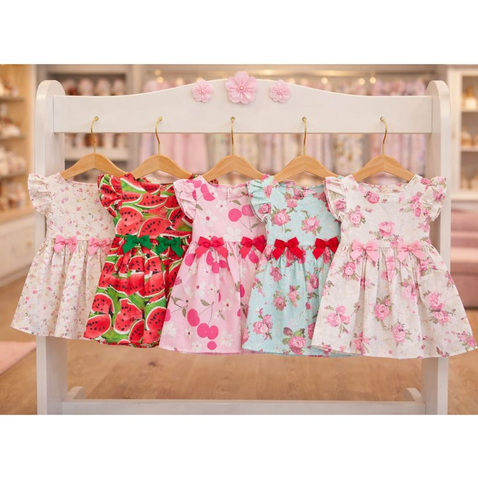 Vestido Infantil Bebê Tricoline Cereja Cerejinha, Melancia, Floral e Corações em Tricoline Algodão Festas Infantis